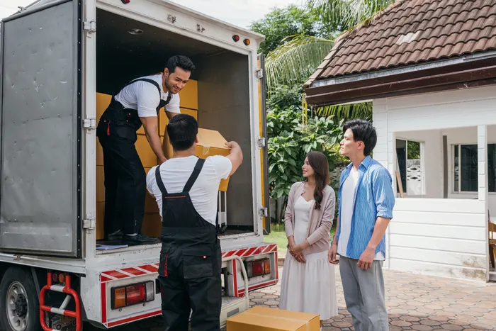 Professional movers unloading boxes from a moving truck while customers look on