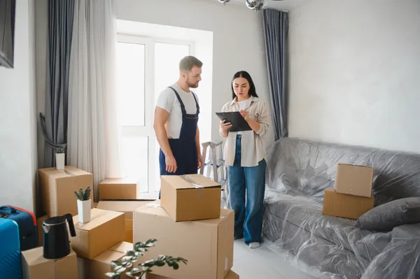 A moving professional reviewing a checklist with a customer among packed boxes